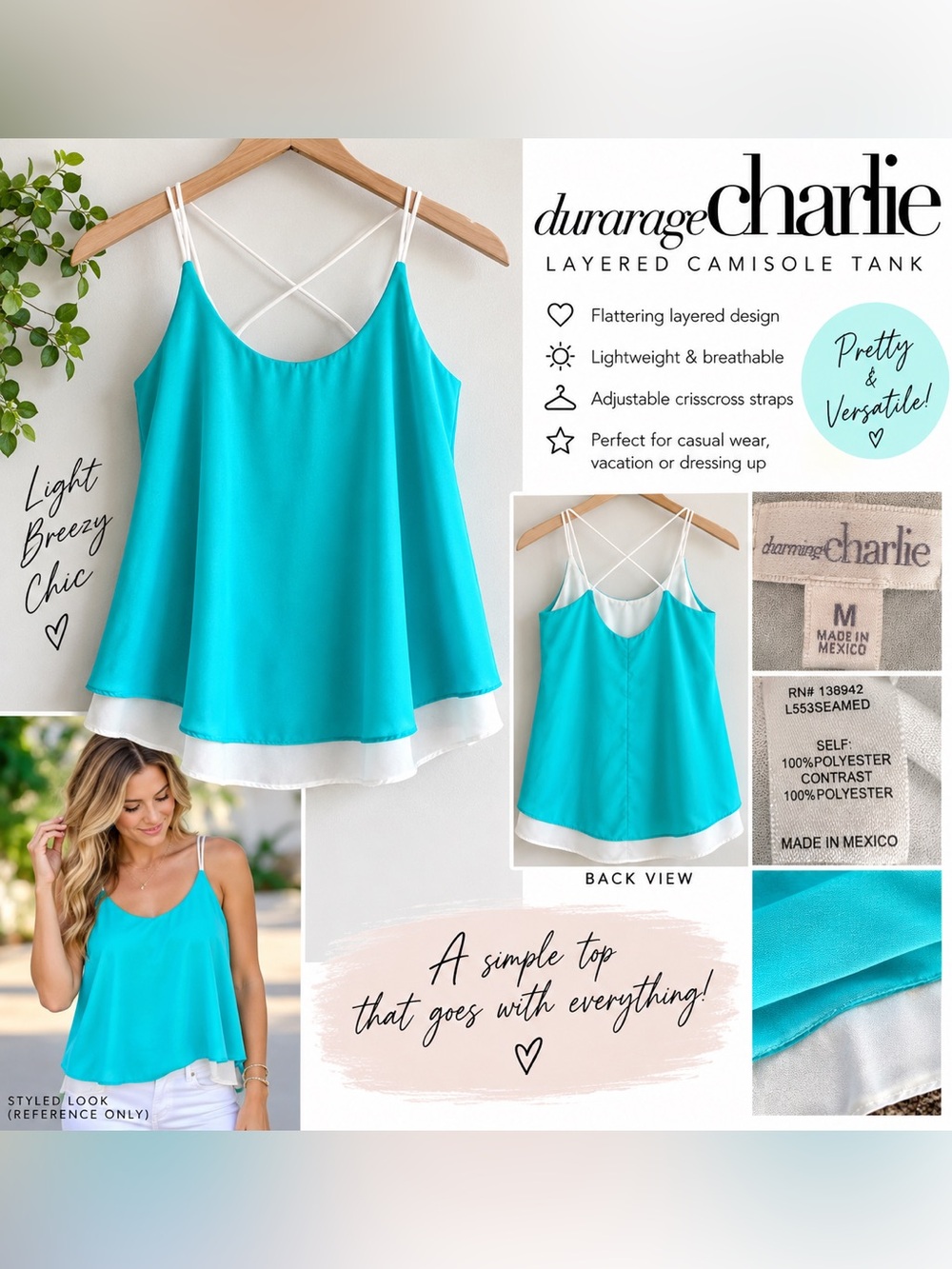 Charming Charlie Turquoise and White Layered Crisscross Camisole
